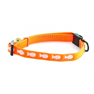 Collier chat nylon orange motifs poissons argentées 