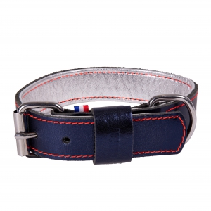 Dakota necklace in metallic blue leather with silver lining and fluorescent orange stitching