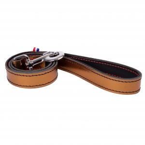 Dakota leather leash copper color metallic lined and stitched with black